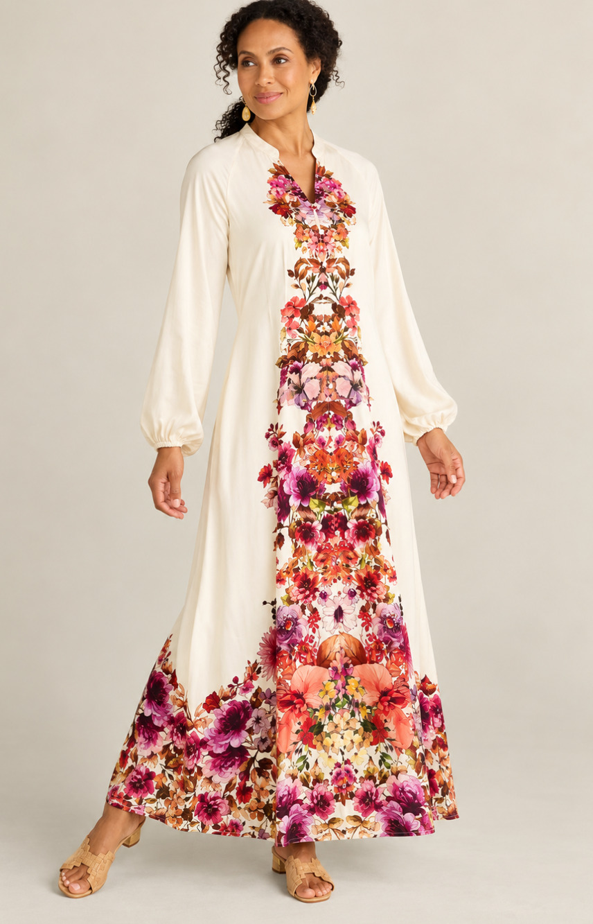 Soft Surroundings Paulette Floral Maxi Shirt Dress Ivory Boho NWT Size M